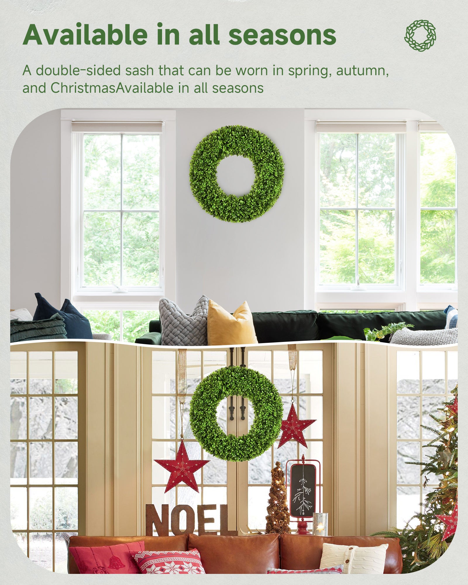 20 inch year round artificial boxwood wreath is avaliable in all seasons.