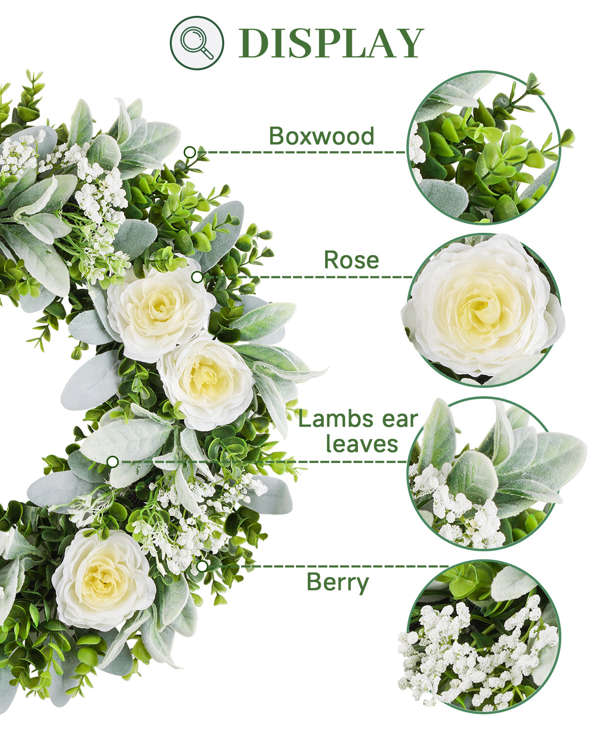 This 20 inch year round eucalyptus boxwood wreath contains boxwood, roses, lambs ear leaves and berry.