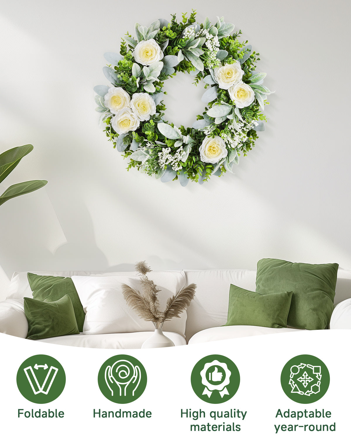 20 inch Eucalyptus Boxwood Outdoor Floral Wreath is hanging on the wall.