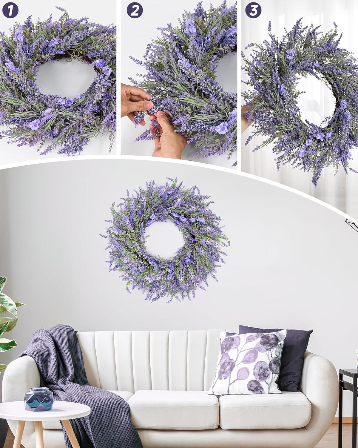 24 inch year round lavender wreath is hanging over the sofa