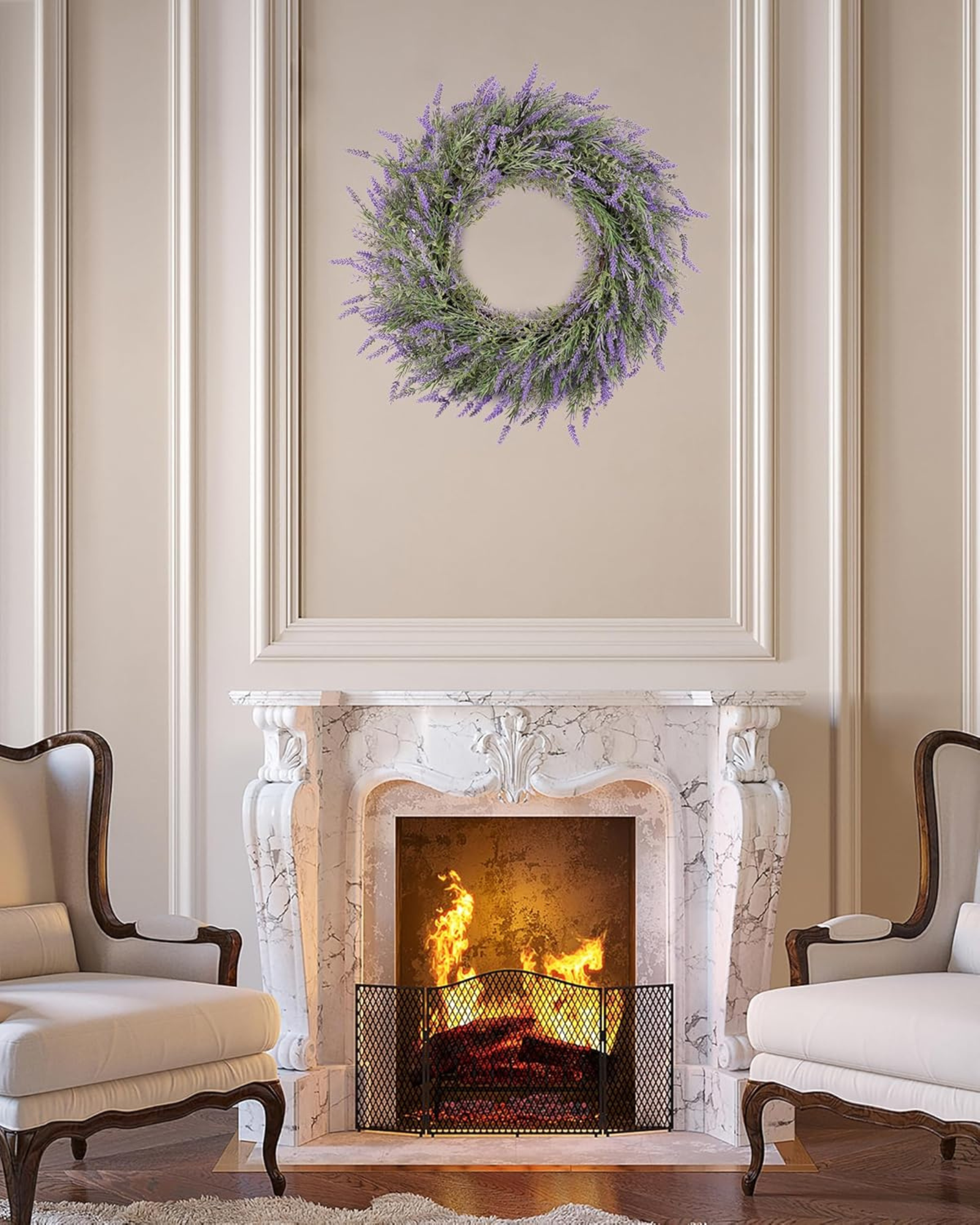 A 24 inch year round lavender wreath with dried-floral is hanging over the fireplace.