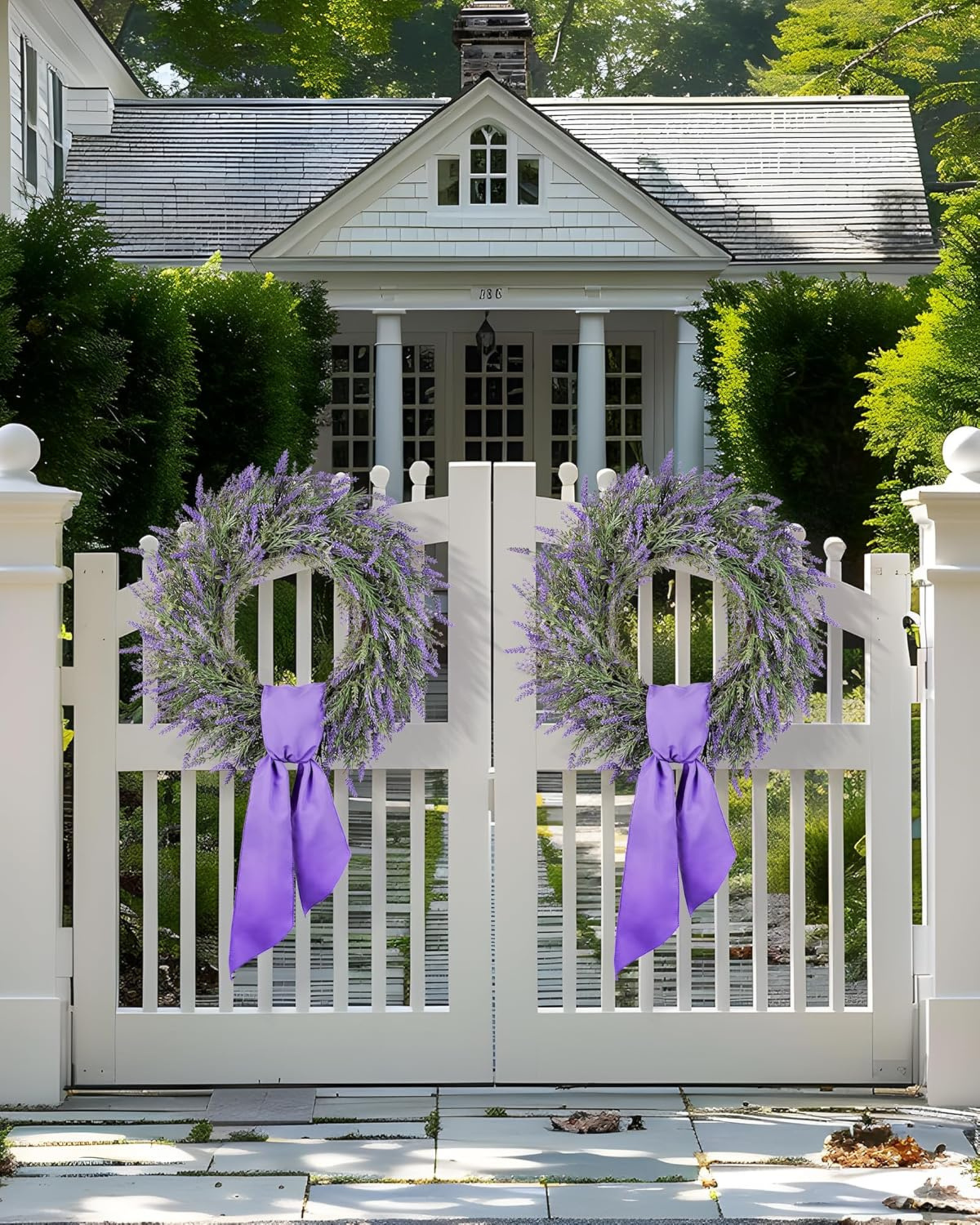Two 24 inch year round lavender wreaths is hanging on the fence.