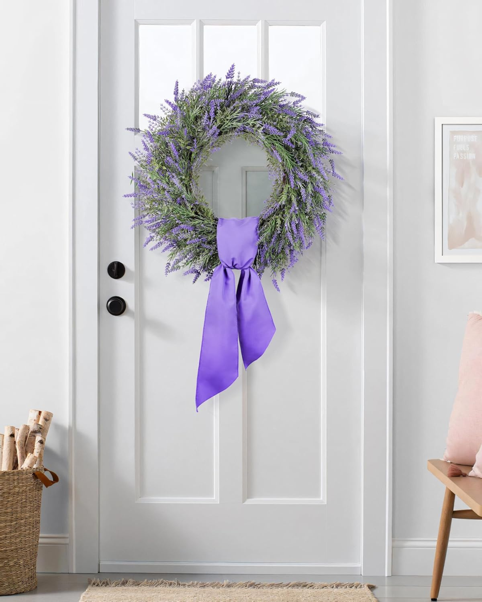 A 24 inch year round lavender wreath with dried-floral is hanging on the front door.