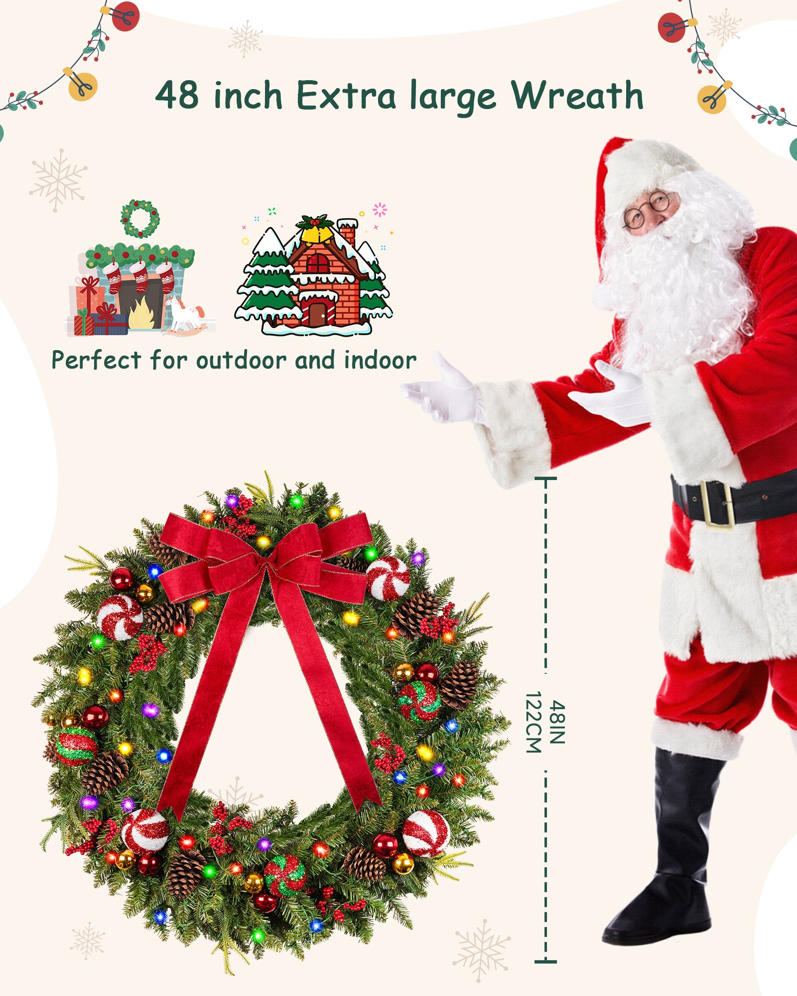 48 inch prelit extra large christmas wreath for front door & outdoor decor