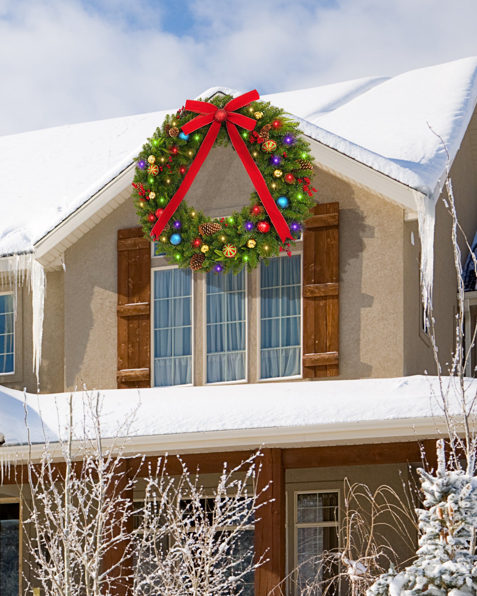 48 inch prelit large outdoor christmas wreath are hanging in the roof.