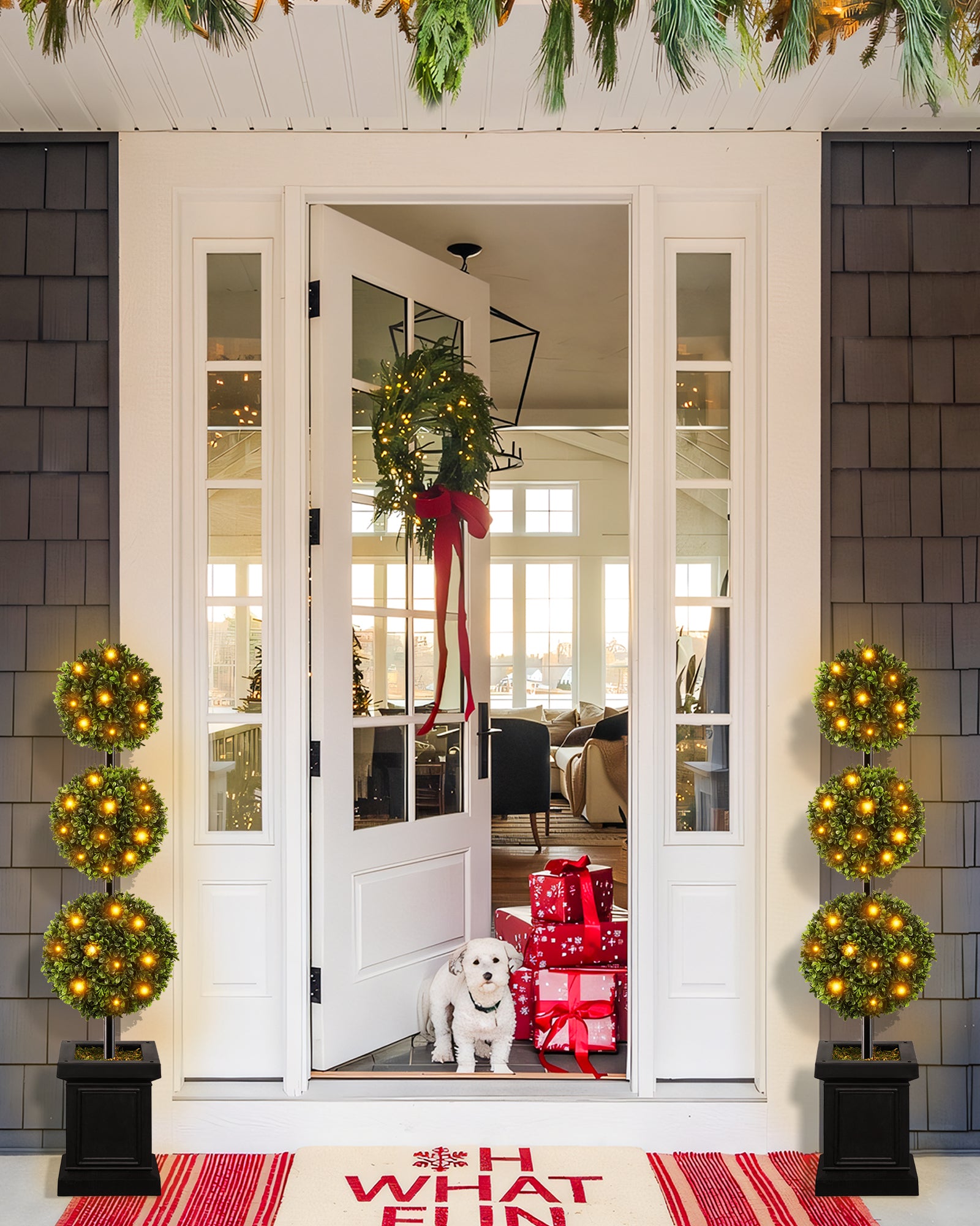 4ft artificial boxwood topiary trees with lights on.