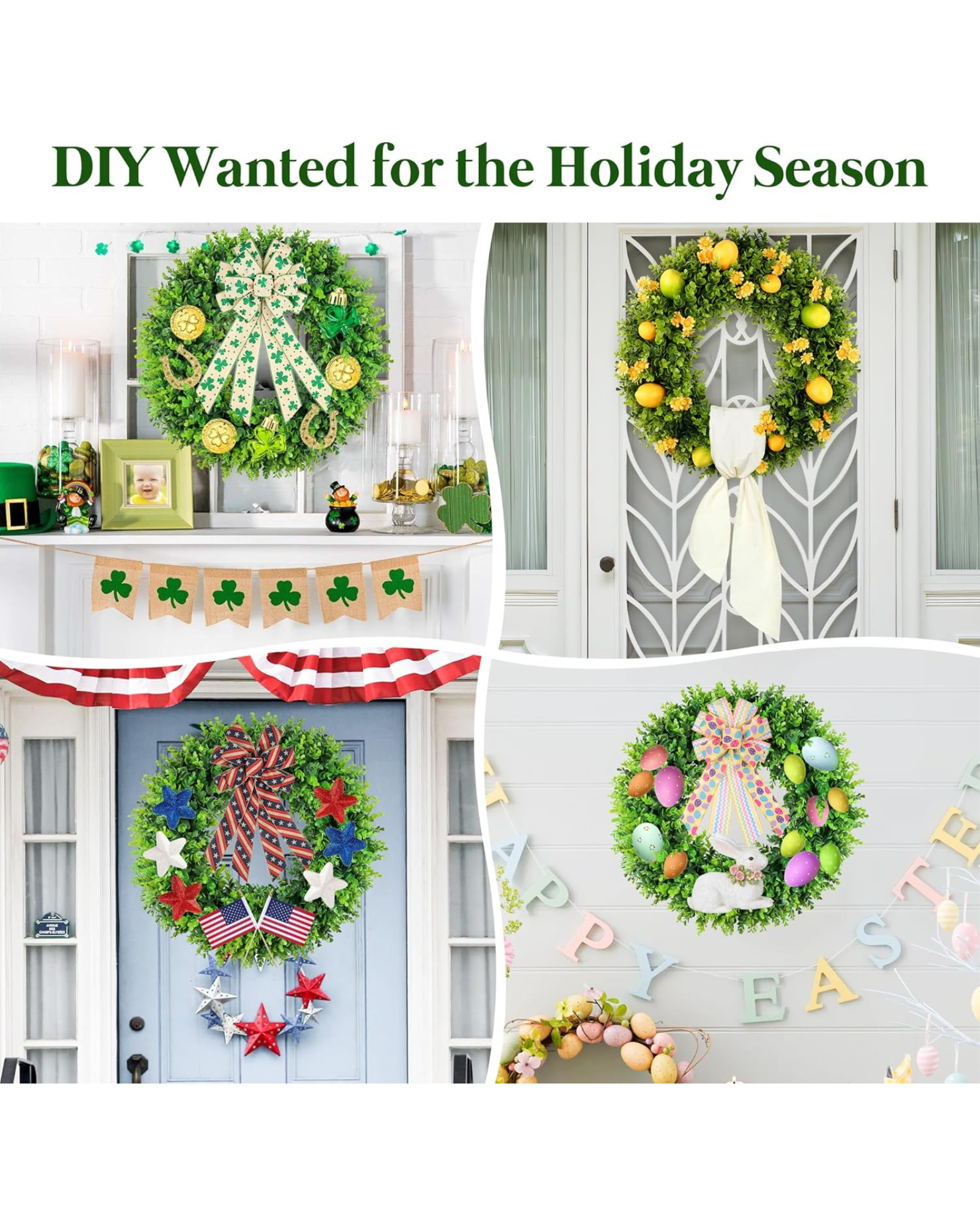 DIY 24 inch year round greenery boxwood wreath for the holiday season, such as easter wreath, st patricks day wreath and christams wreath.