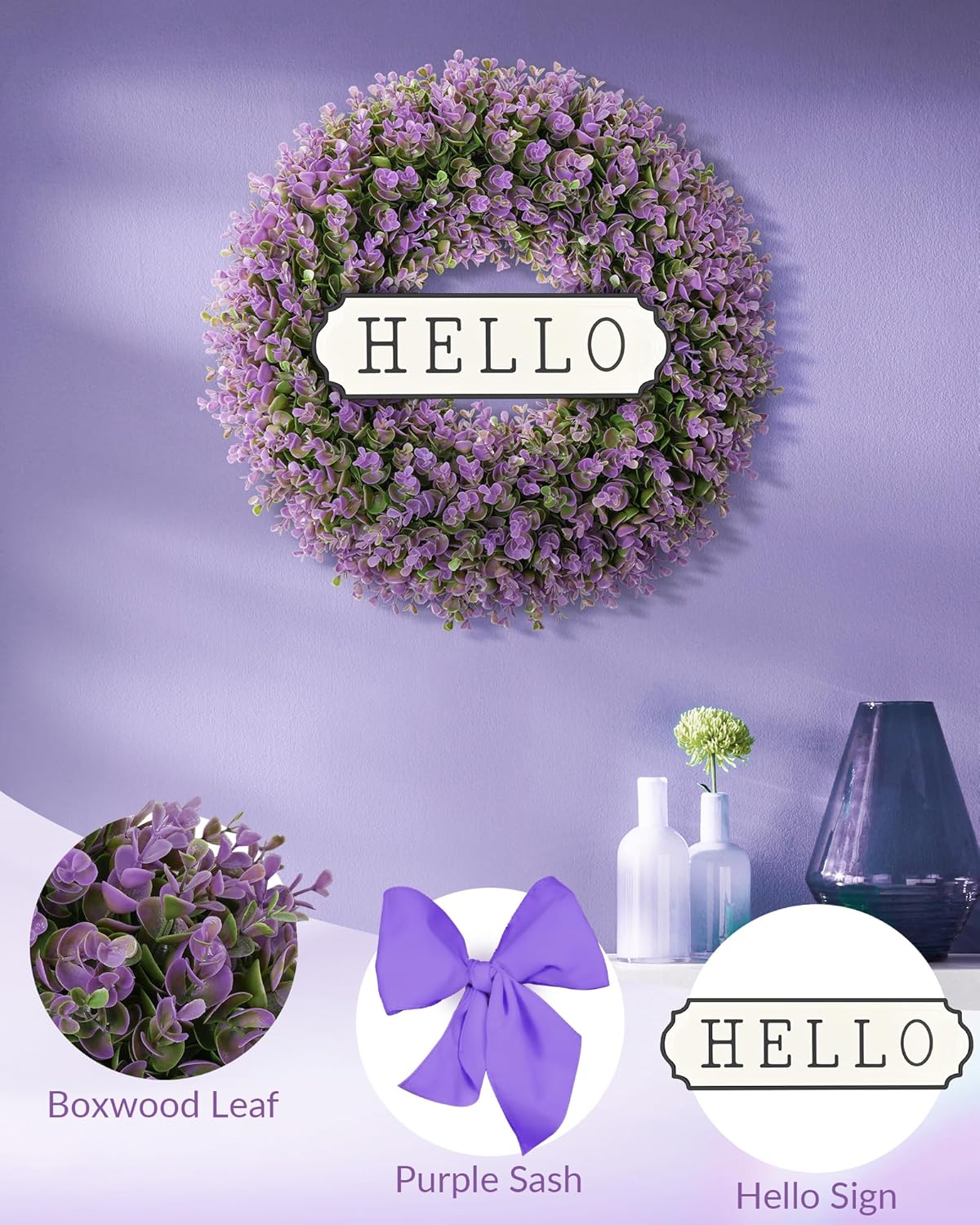 Thie 18 inch year round boxwood wreath for front door & outdoor decor contains boxwood leaves, purple sash and attachable Hello Sign.