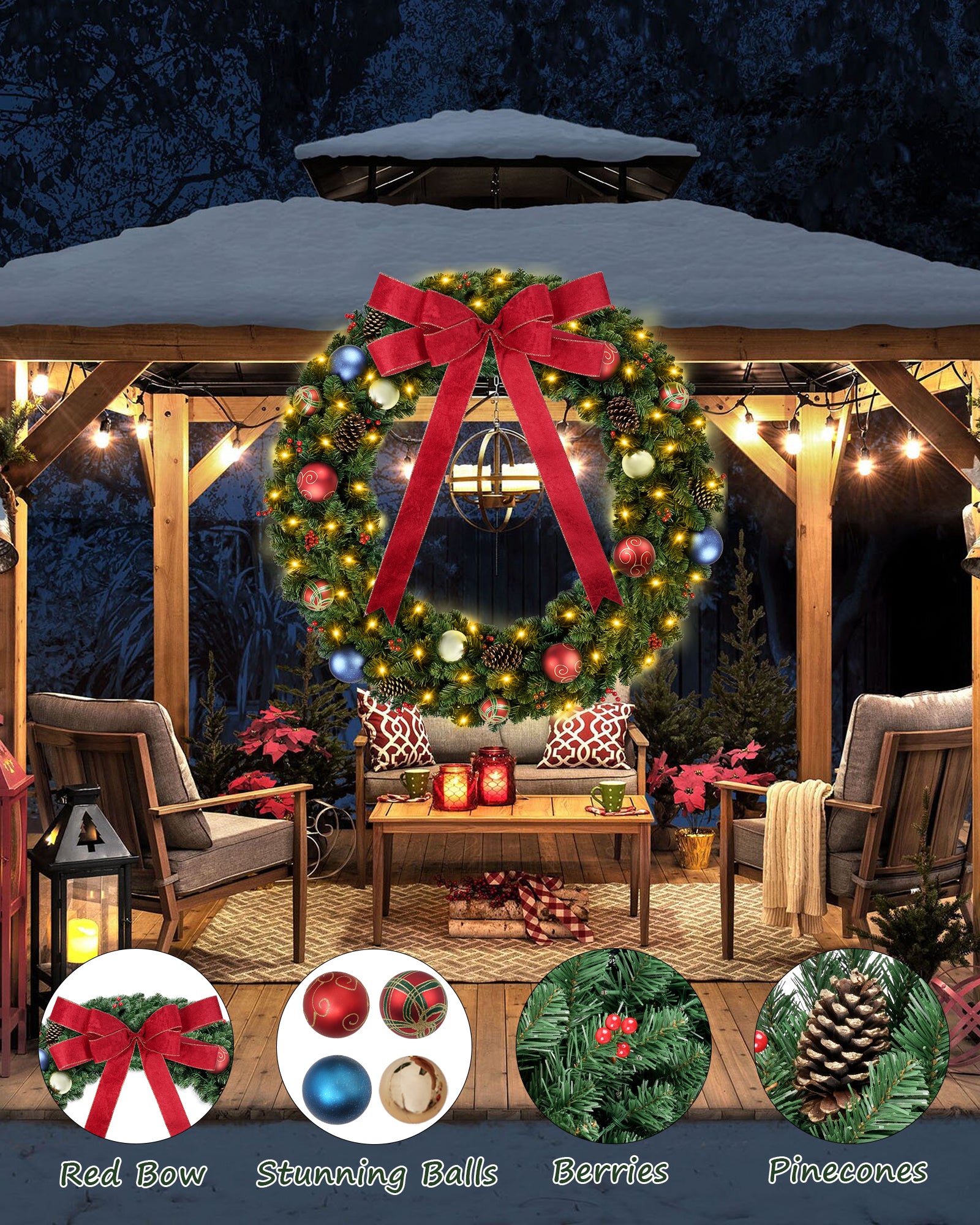 The details image of 60 inch prelit large christmas wreath for front door & outdoor display.