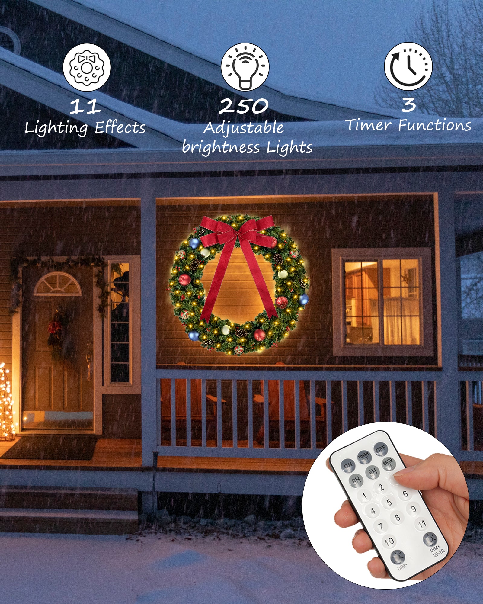 Remote control of 60 inch prelit large christmas wreath for front door & outdoor display.