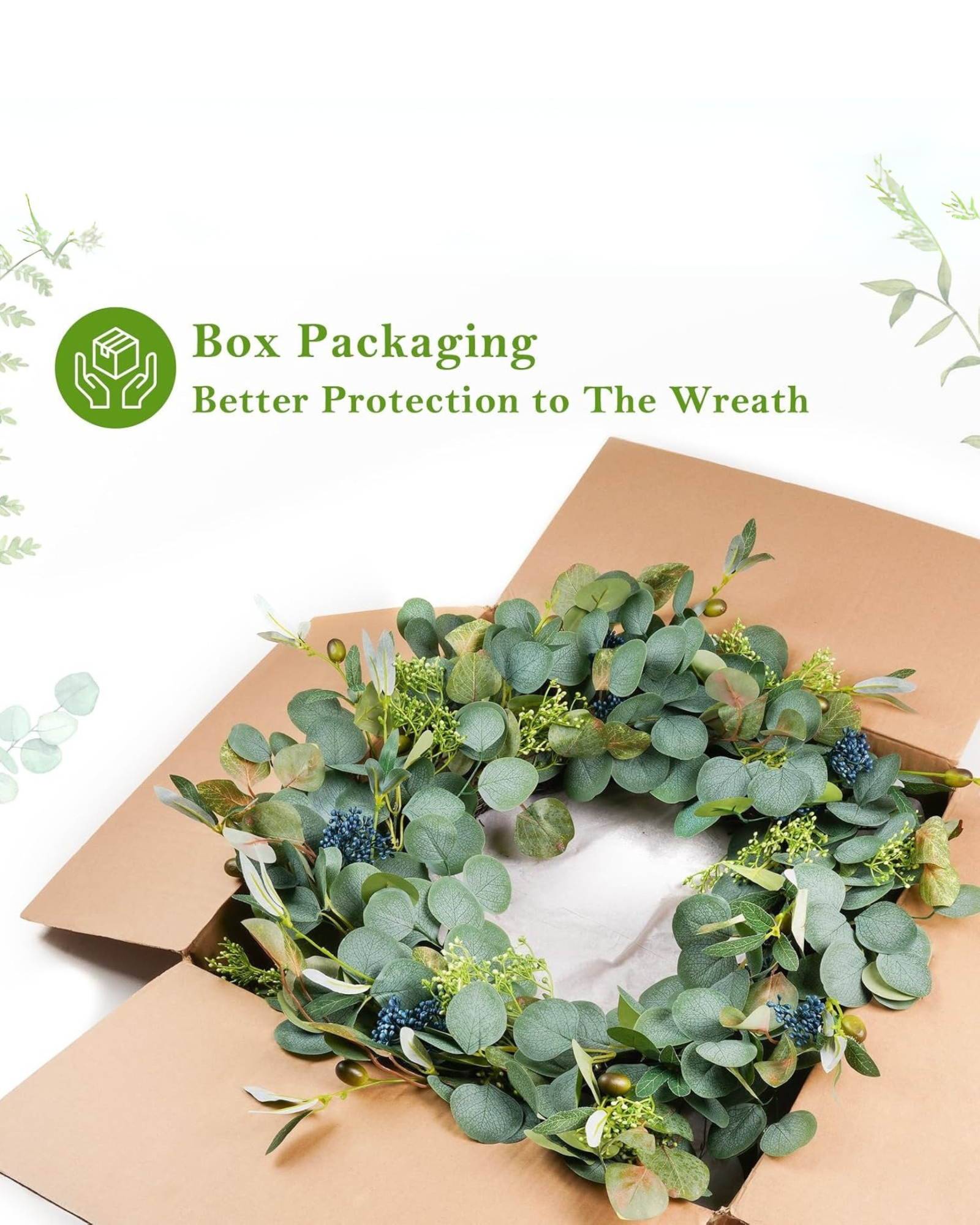 The box packaging of 24 inch year round eucalyptus wreath