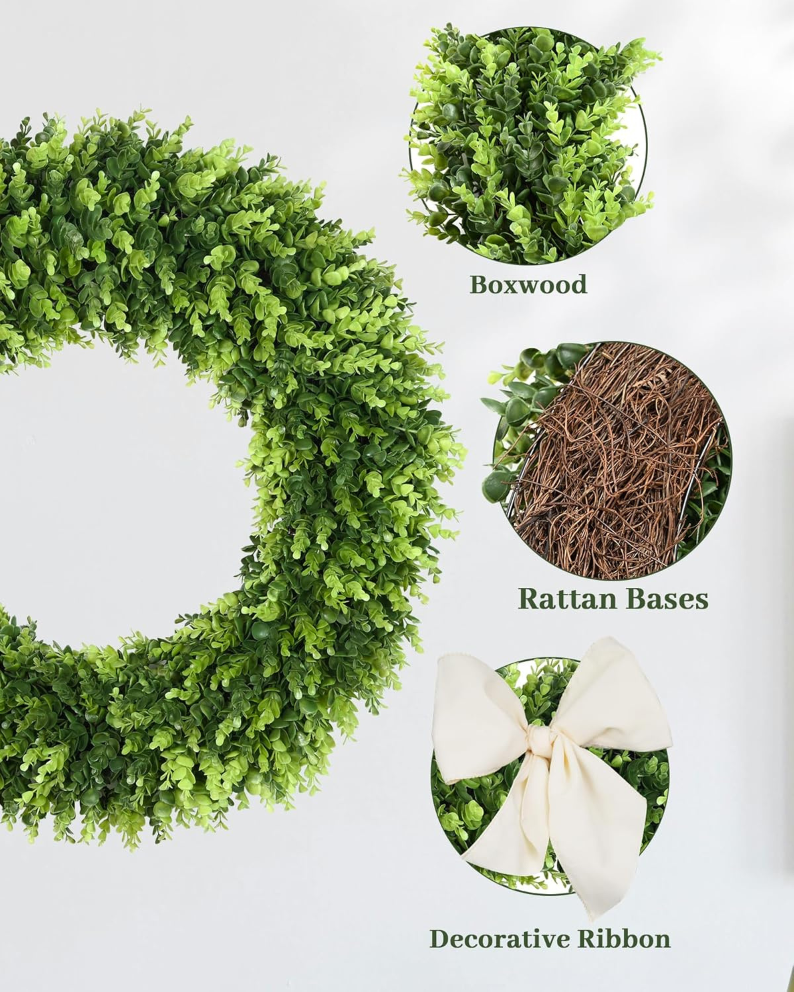 This 32 inch year round large boxwood wreath is made from boxwood, rattan bases and decorative ribbon.