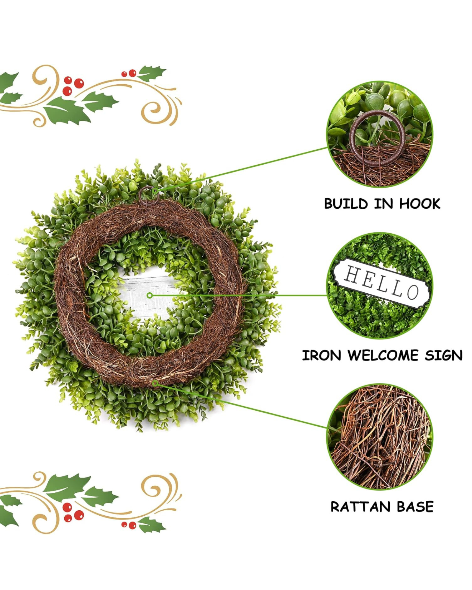 The details of 24 inch year round greenery boxwood wreath for front door & outdoor decor.