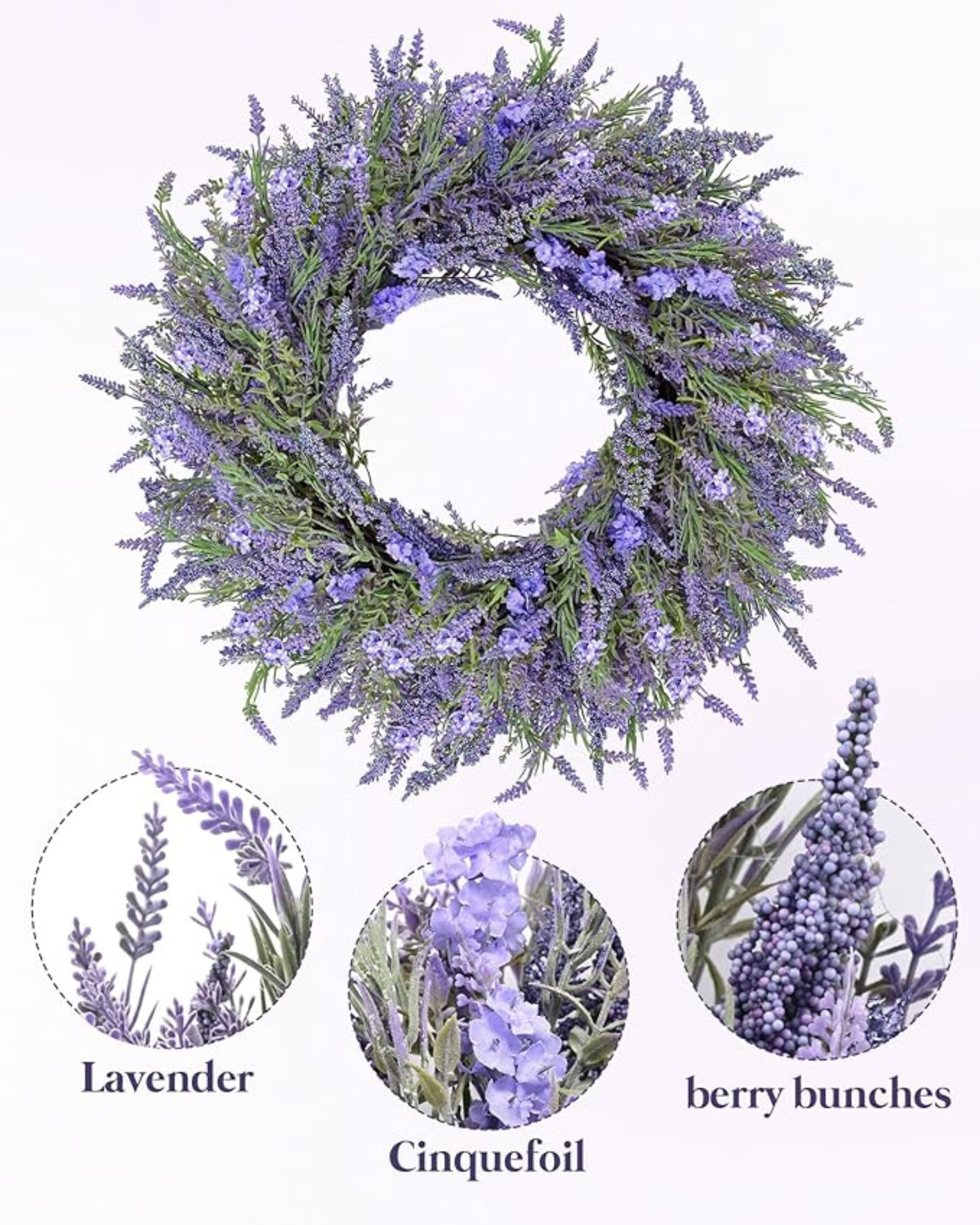 The 24 inch year round lavender wreath contains lavender, cinquefoil and berry bunches.