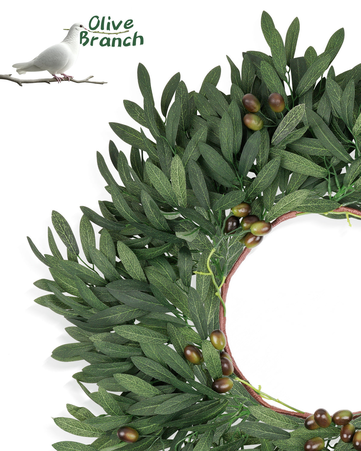The details of 24 inch year round olive branch wreath.