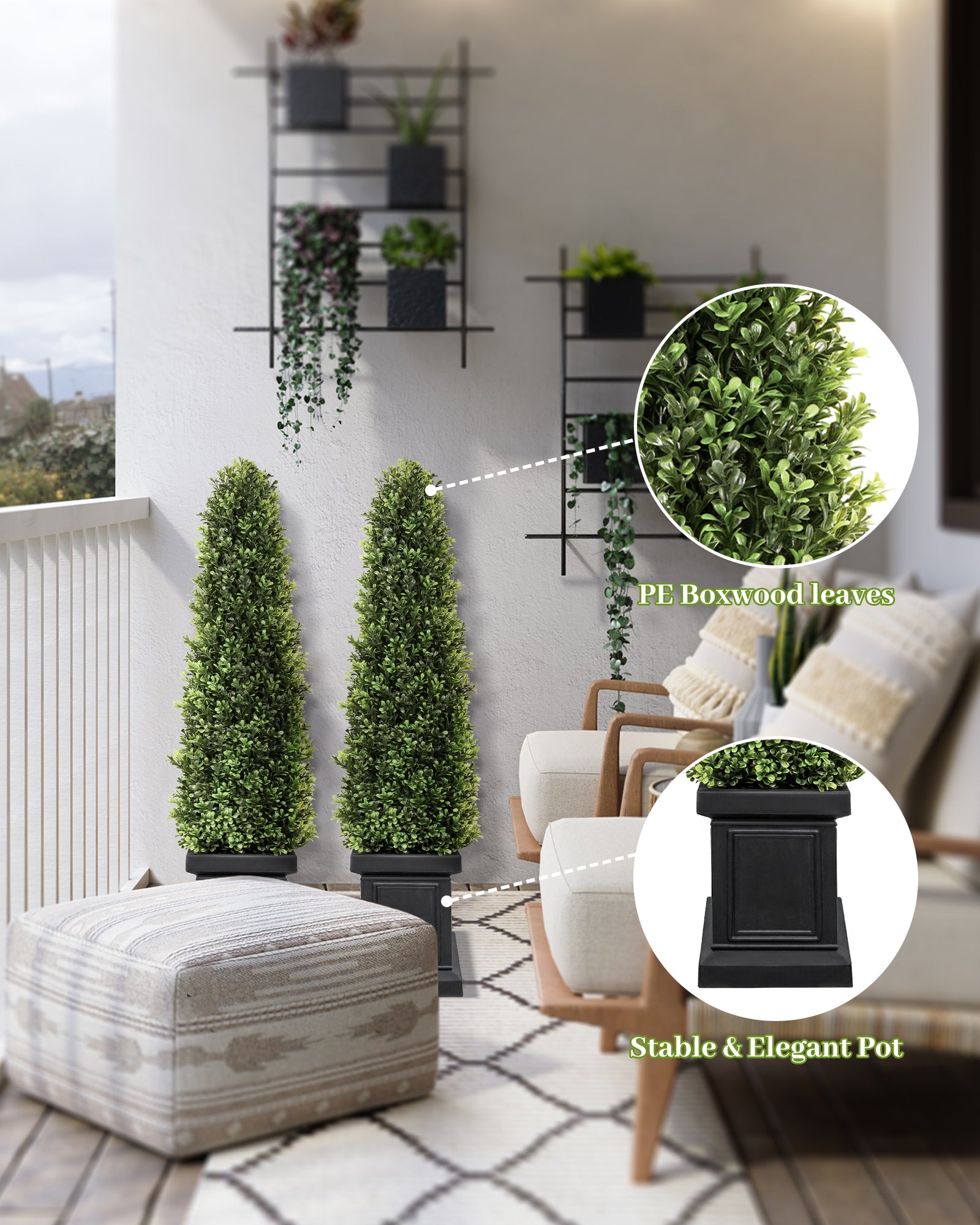 The details image of 4ft artificial boxwood outdoor topiary trees set of 2 for front porch.