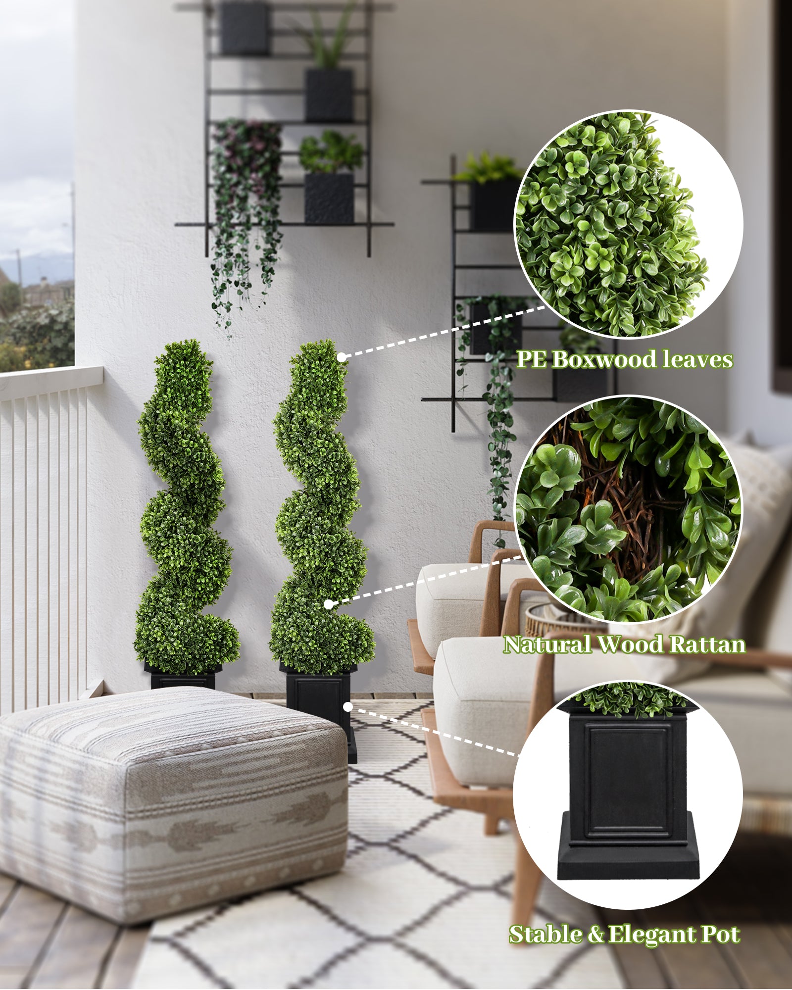 The details image of 4ft spiral artificial boxwood topiary trees.