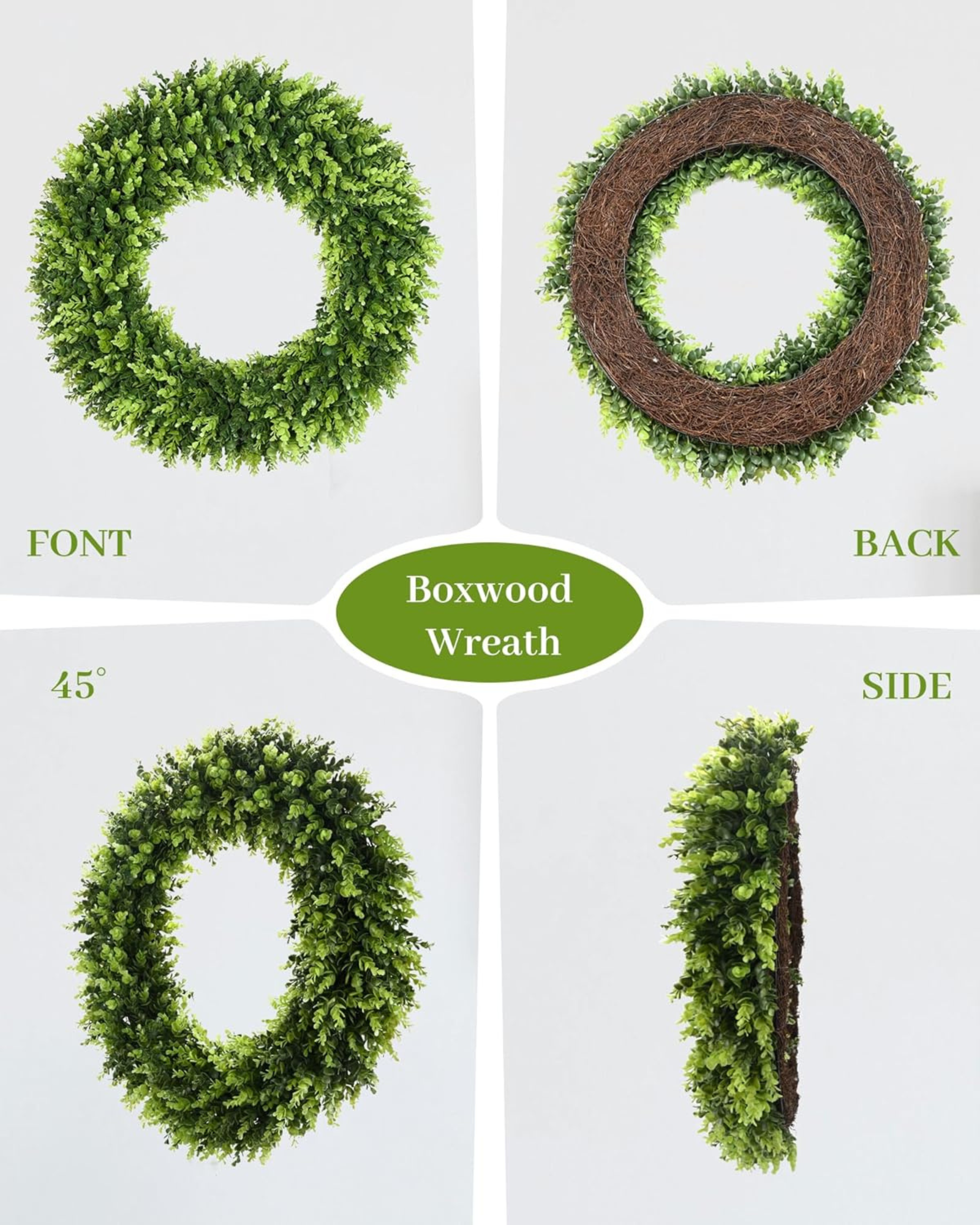 The front and back imgae of 32 inch year round large boxwood wreath.