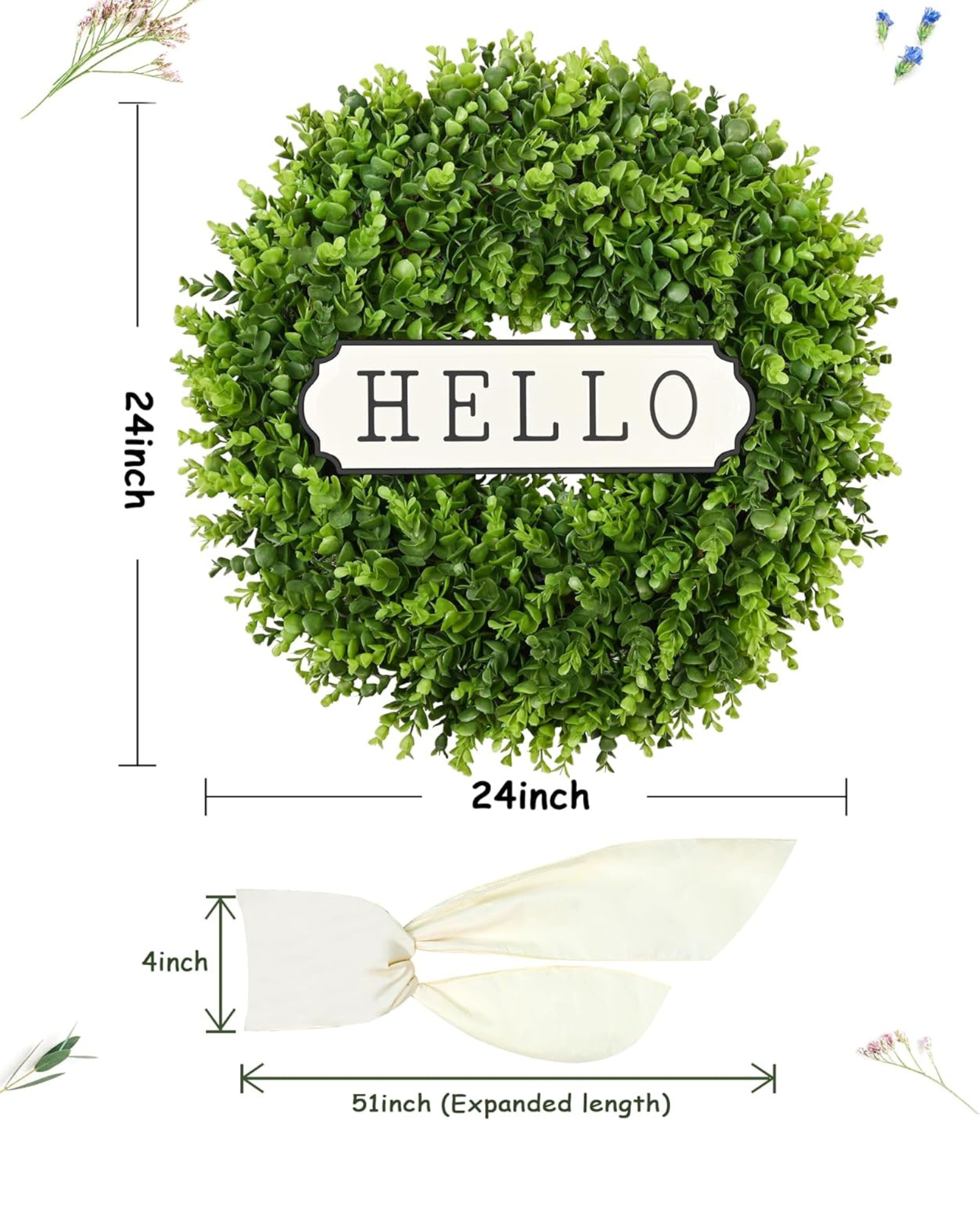 The size imgae of 24 inch year round greenery boxwood wreath for front door & outdoor decor.