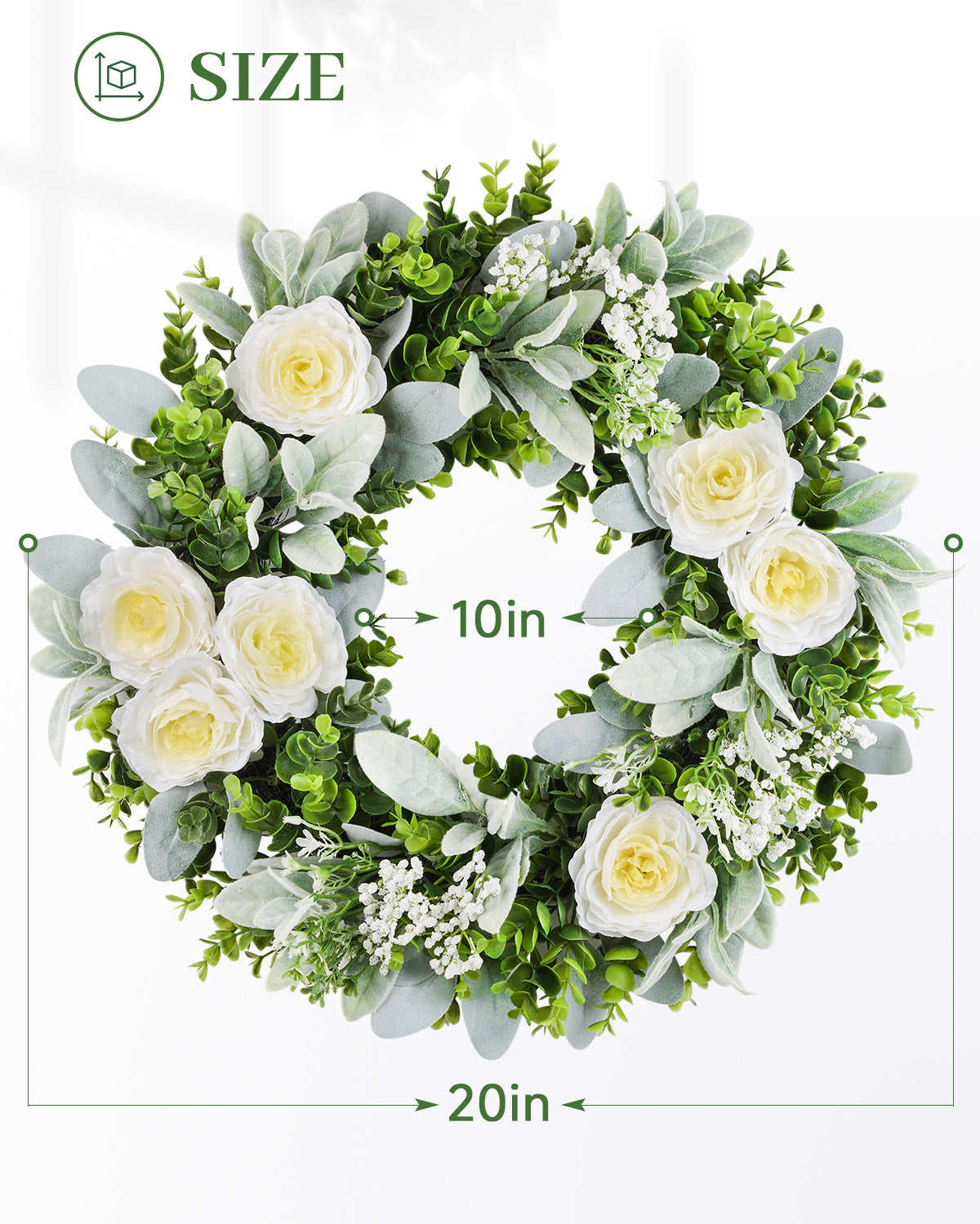 This wreath measures 20 inches in diameter.