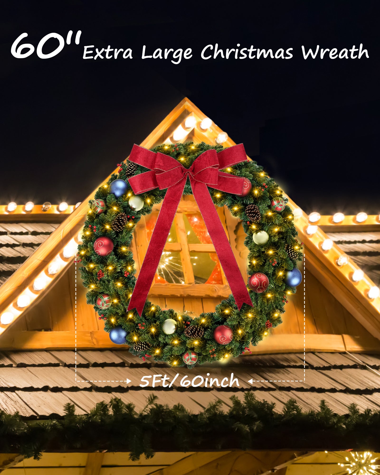 The size image of 60 inch prelit large christmas wreath for front door & outdoor display.