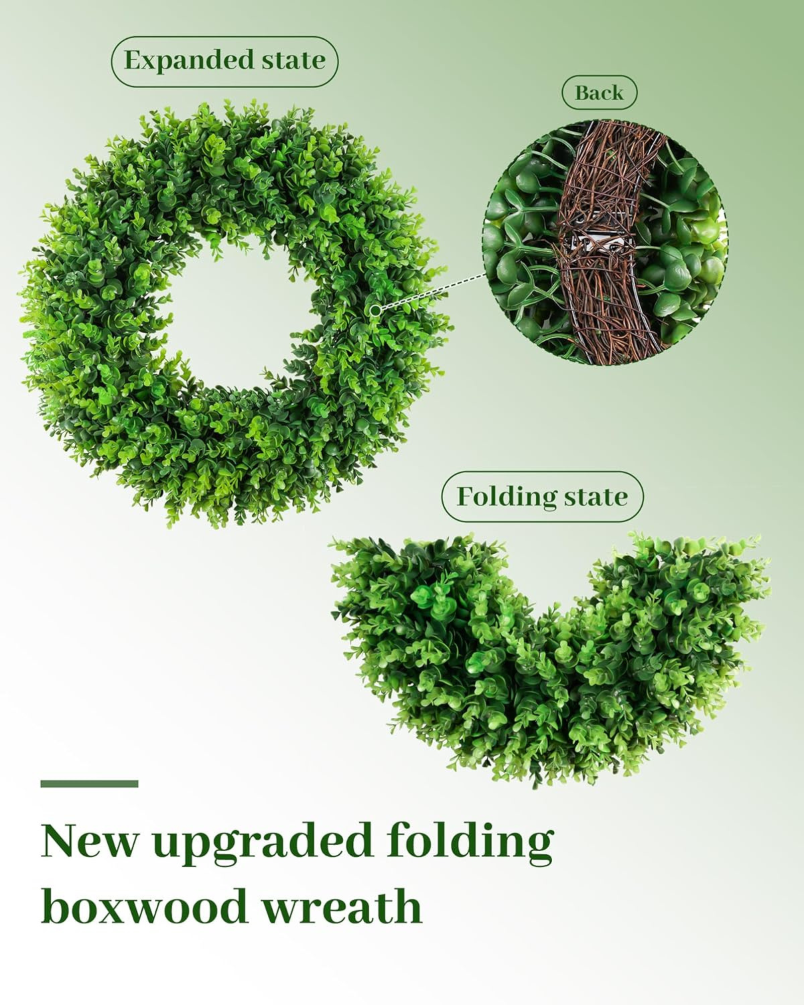 The upgraded packaging imgae of 20 inch year round greenery boxwood wreath.