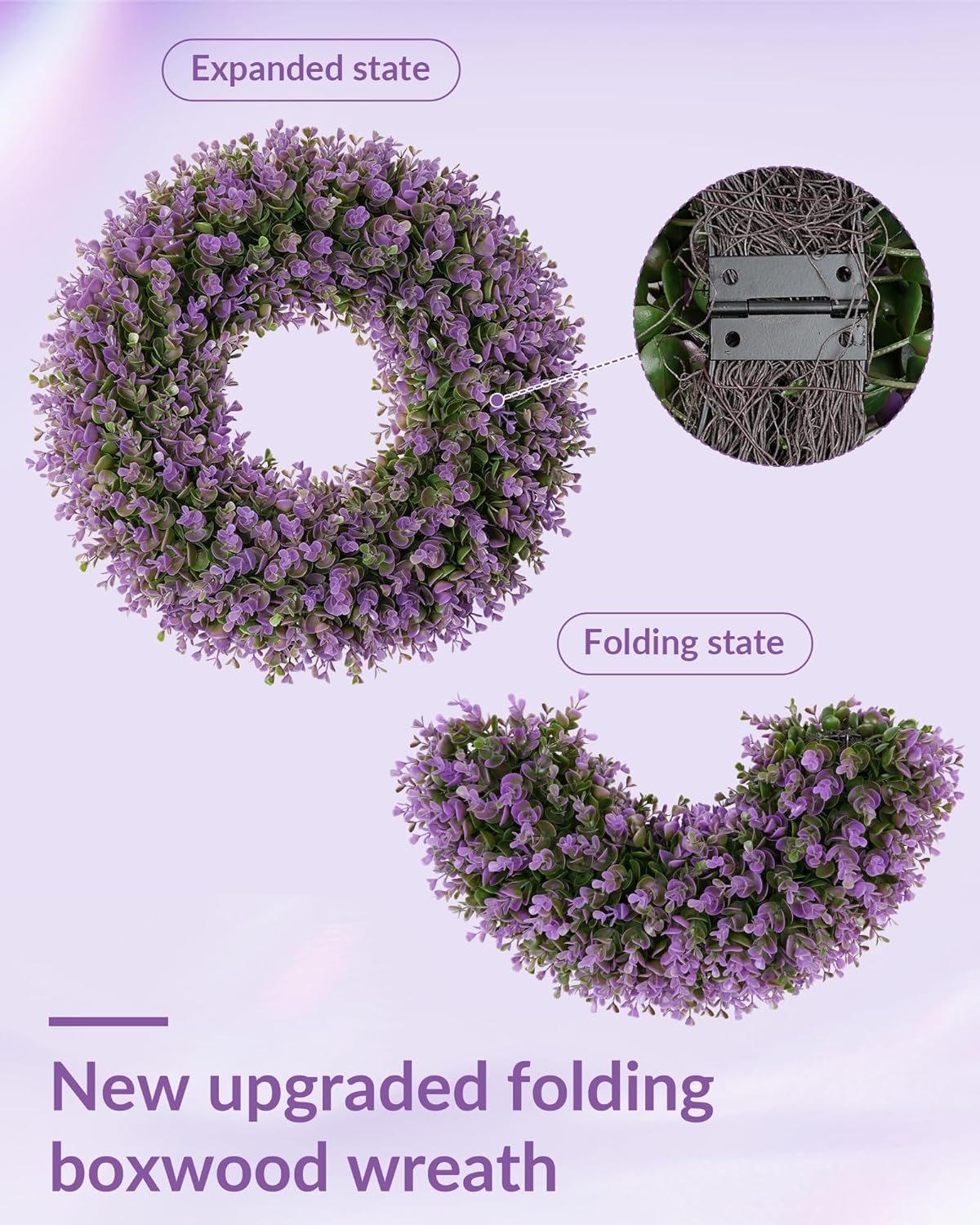 The 18 inch year round boxwood wreath is upgraded into foldable design.