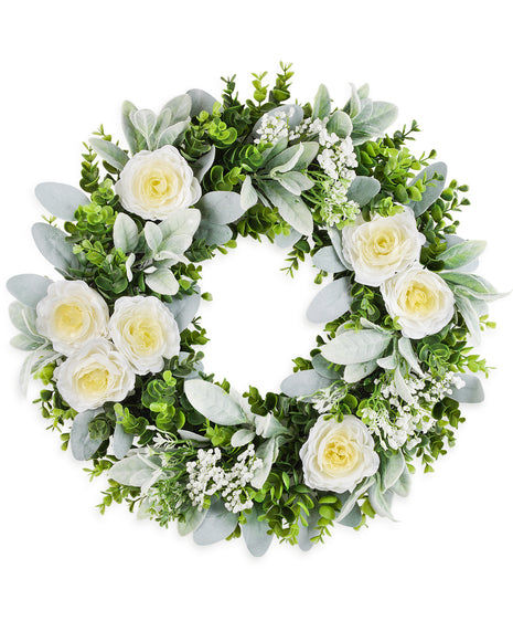 20'' All-Season Eucalyptus Boxwood Wreath with Roses for Indoor & Outdoor Decor