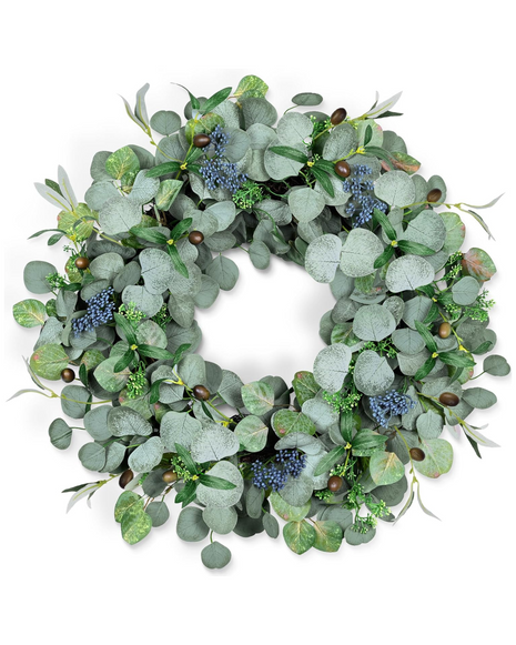 24'' All-Season Eucalyptus Wreath with Olive Leaves and Berries for Indoor & Outdoor Decor