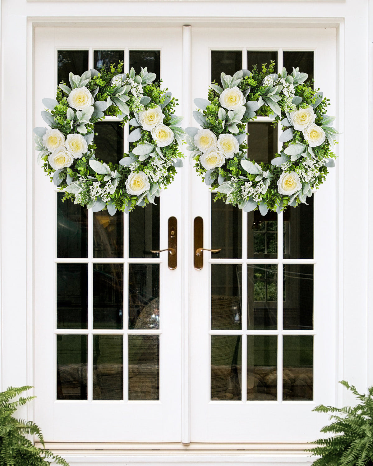 There're two 20 inch Eucalyptus Boxwood Floral Wreaths hanging on the Front Door.