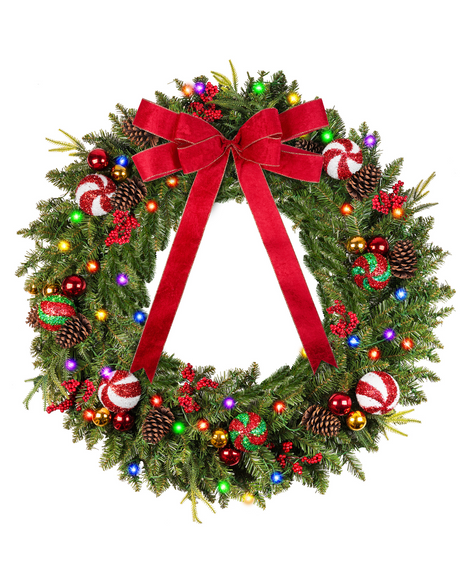 46'' Christmas Wreath with 200 LED Lights and Ornament Balls for Indoor & Outdoor Festival Decor