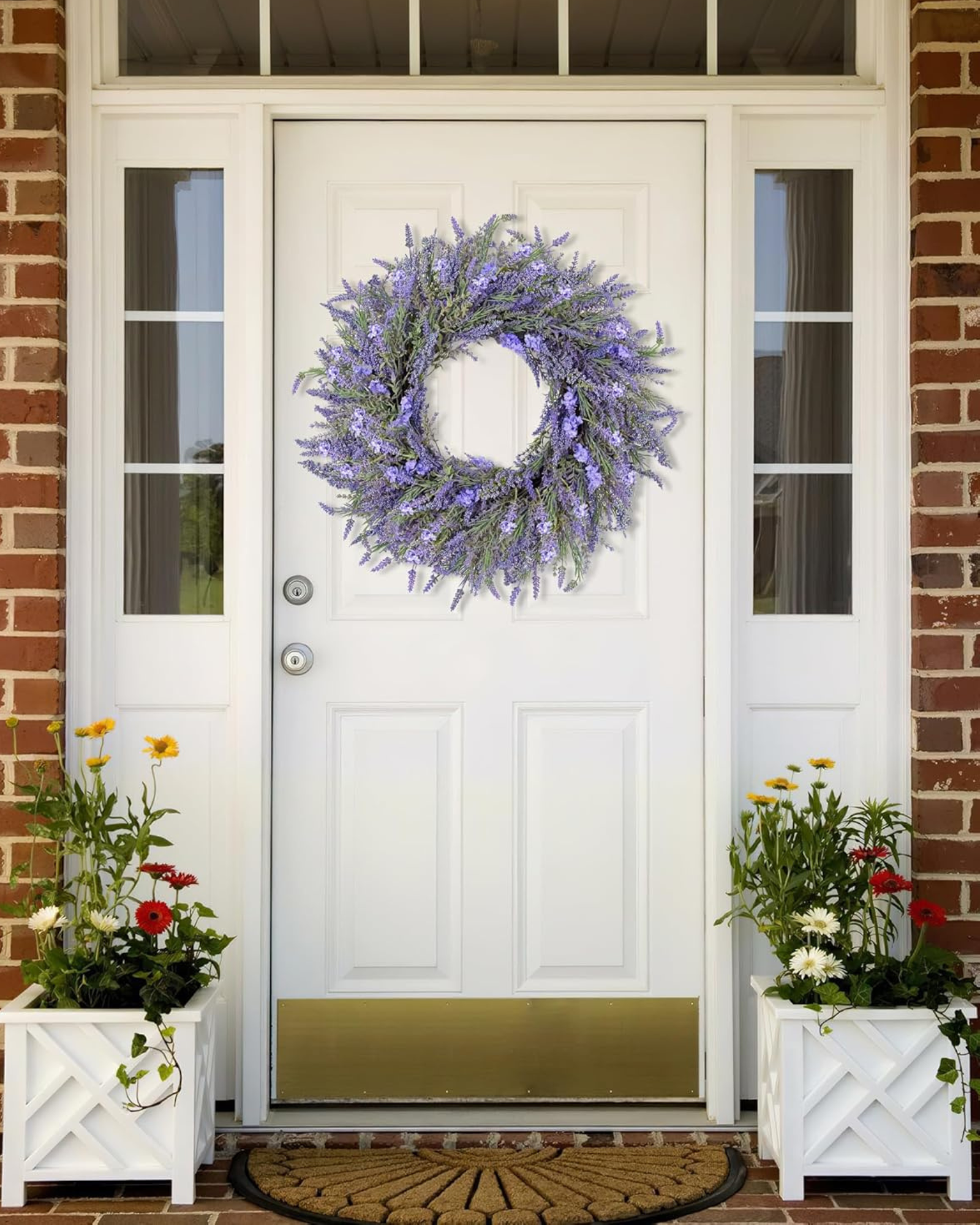 24 inch year round lavender wreath is hanging on the front door.