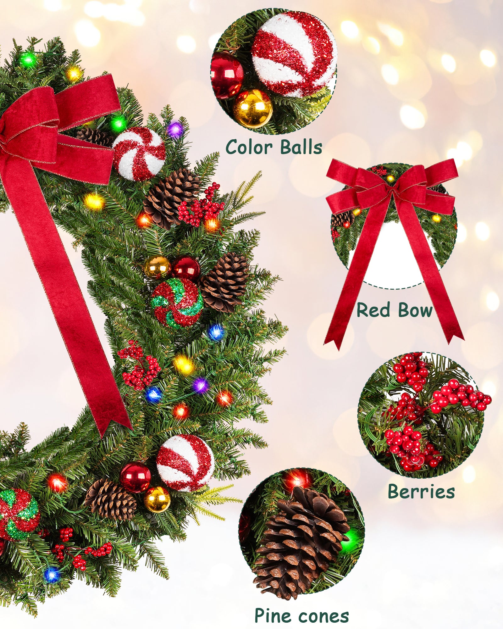 Details of 48 inch prelit large christmas wreath for front door & outdoor decor