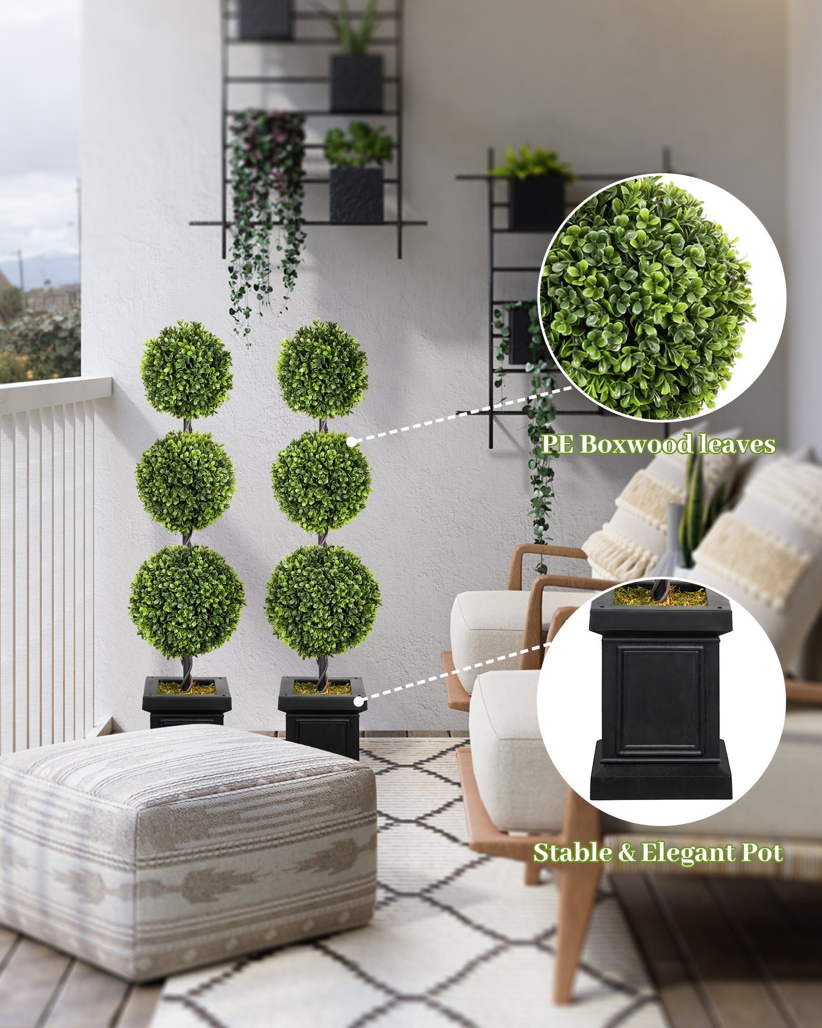The detail image of 4ft artificial boxwood topiary trees set of 2 for indoor & outdoor decor.
