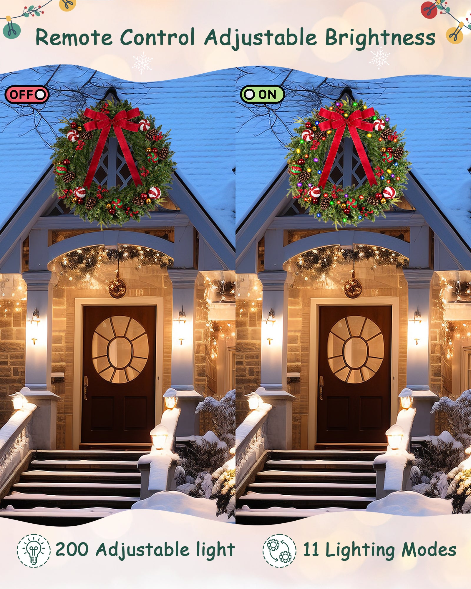 Remote control 48 inch prelit large christmas wreath for front door & outdoor decor