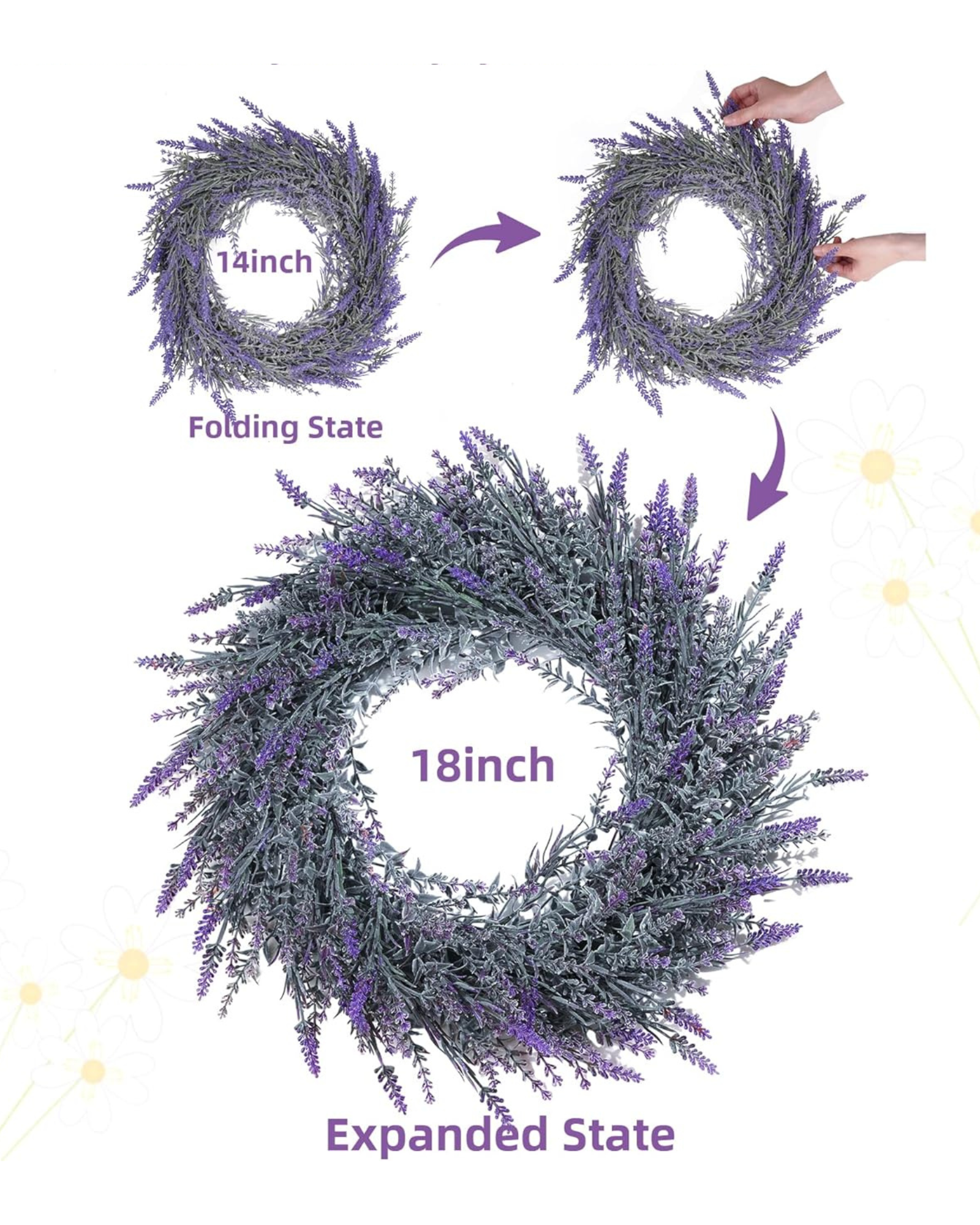 The expanded & foldable design of 18 inch year round artificial lavender wreath.