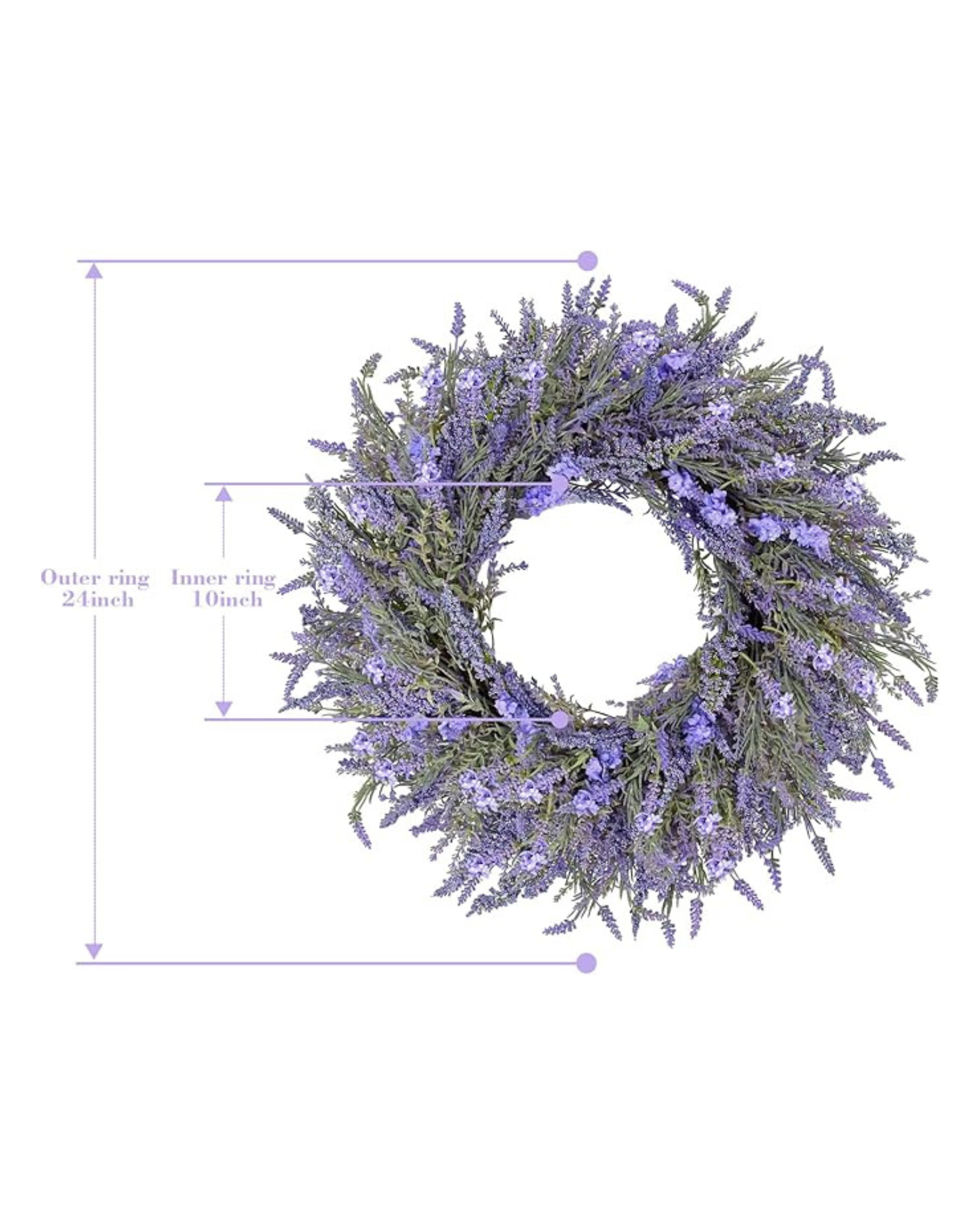 The size imgae of 24 inch year round lavender wreath for front door & outdoor decor.